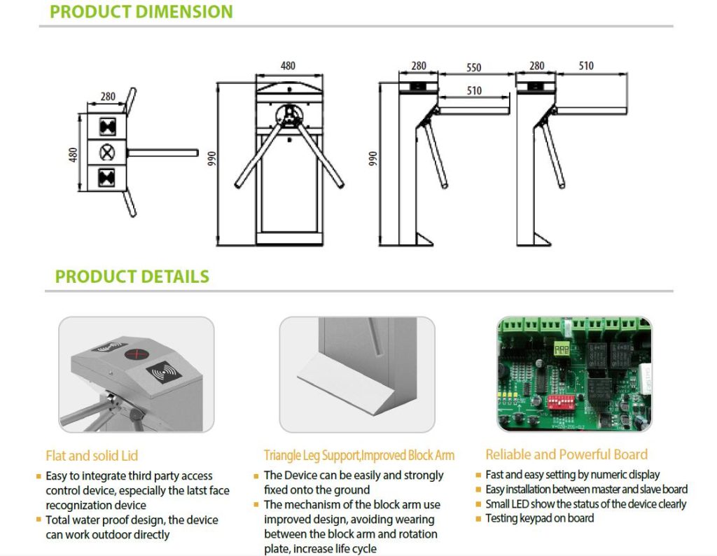 Drop Arm Tripod Turnstile with Optional Biometric Facial Recognition Access Control System TR120